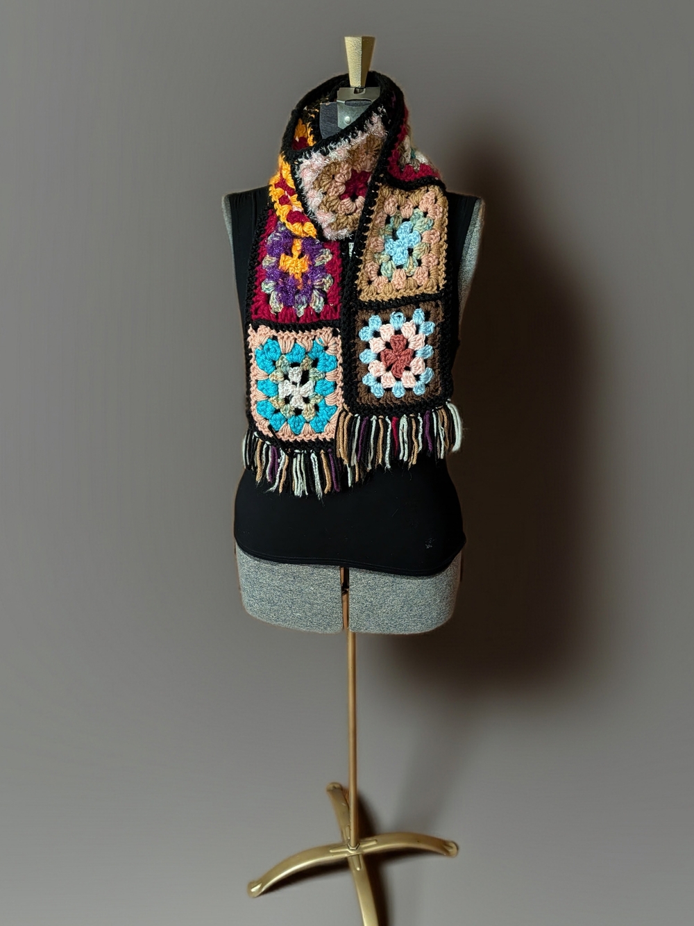 EUC Handmade Crochet Granny Square Scarf Boho Chunky Patchwork Fringe 6"x60" - Picture 6 of 7